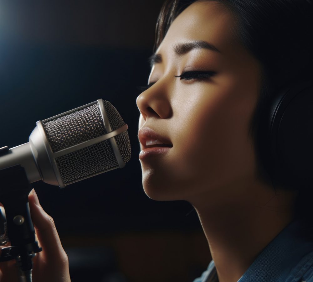 Pop Rock Singer Female Asian Young Adult Rehearsing and performing on stage, singing pop and rock songs in Rehearsal studio. Generative AI AIG22.